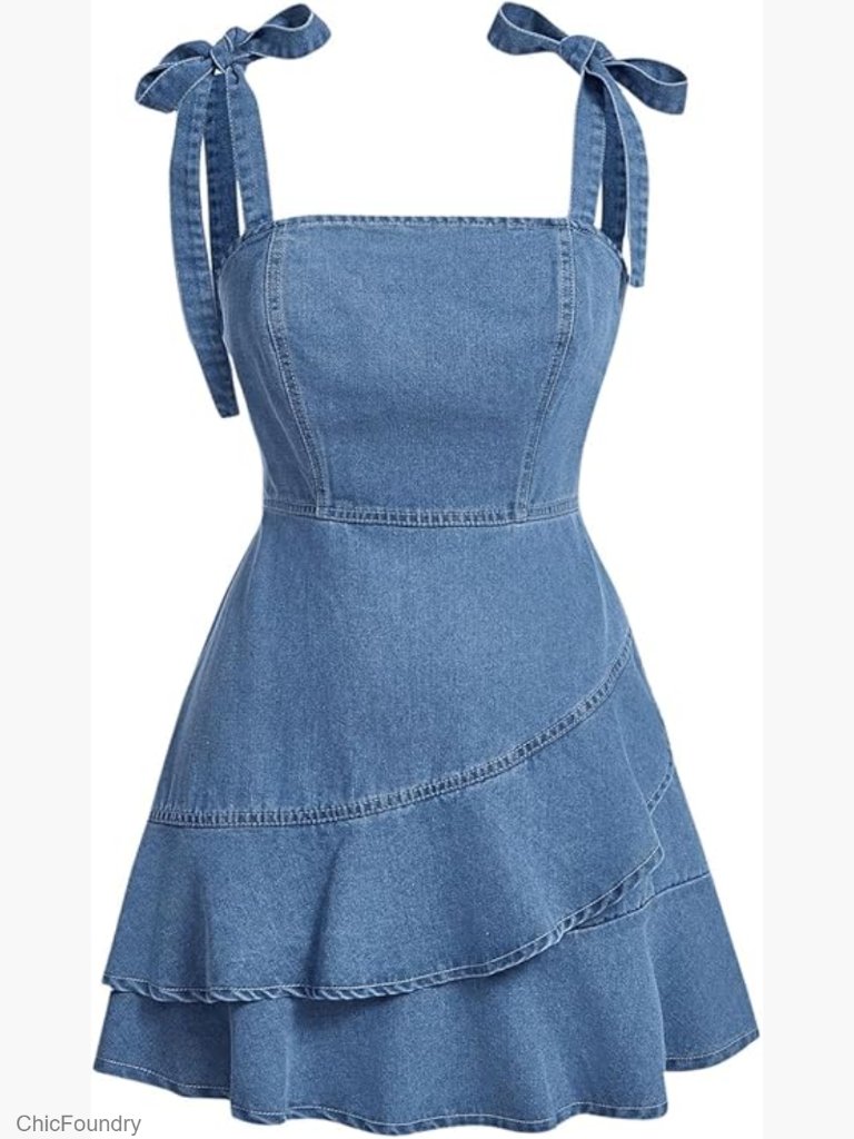 Tie Shoulder Sleeveless Denim Mini Dress Ruffle Hem Jean Dress